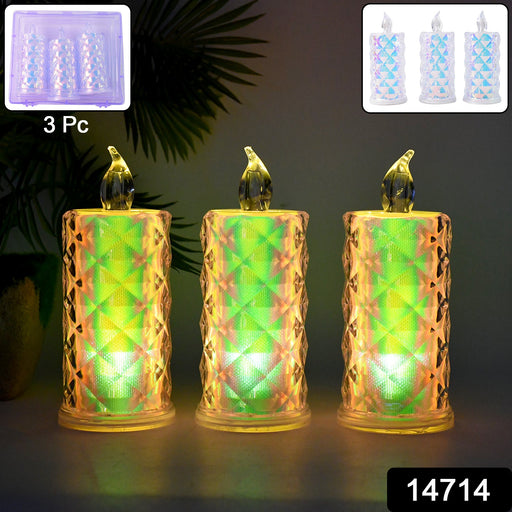 Battery-operated LED flameless candle lights with glowing multicolor flames