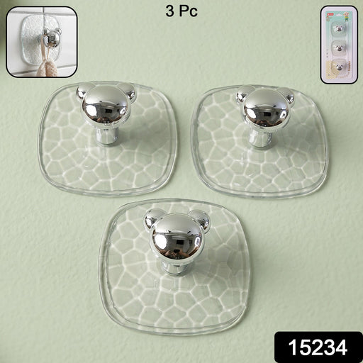Packaging of 3-piece set of clear adhesive wall hooks from Indo Glow.