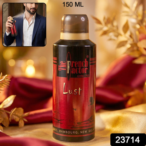 Close-up of the French Factor Lust Red deodorant spray bottle showcasing the fragrance