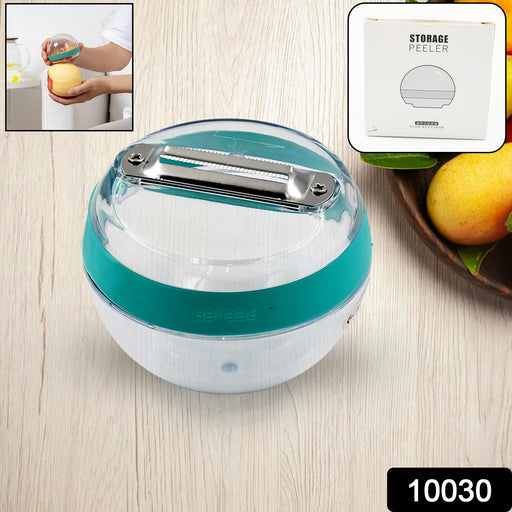 Close-up of the durable stainless steel blade and ergonomic handle of the peeler.
