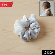 Soft stretchable satin mesh hair scrunchie holding ponytail securely
