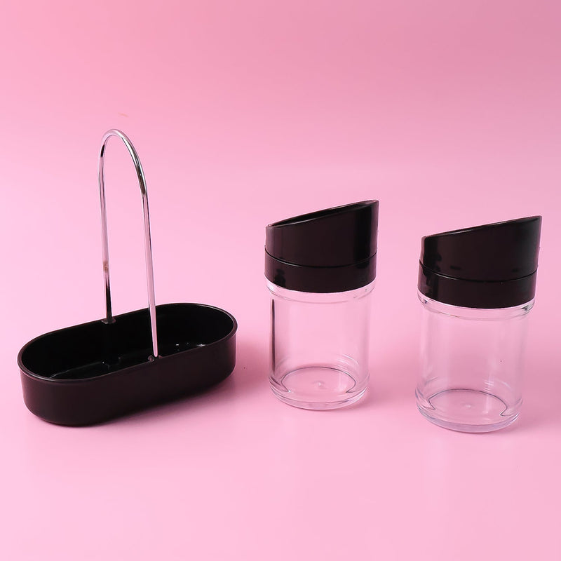 Two-piece salt and pepper plastic jar set with stand