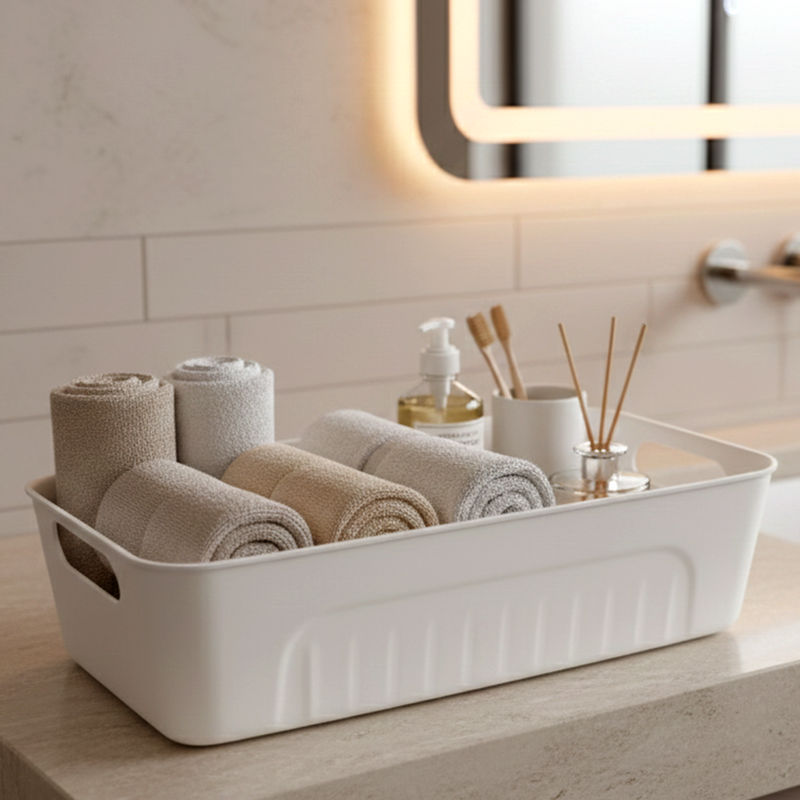 Side view of stackable white plastic storage baskets