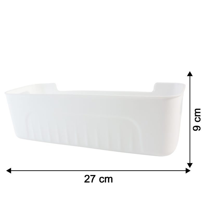 Size details of white plastic storage baskets showing measurements